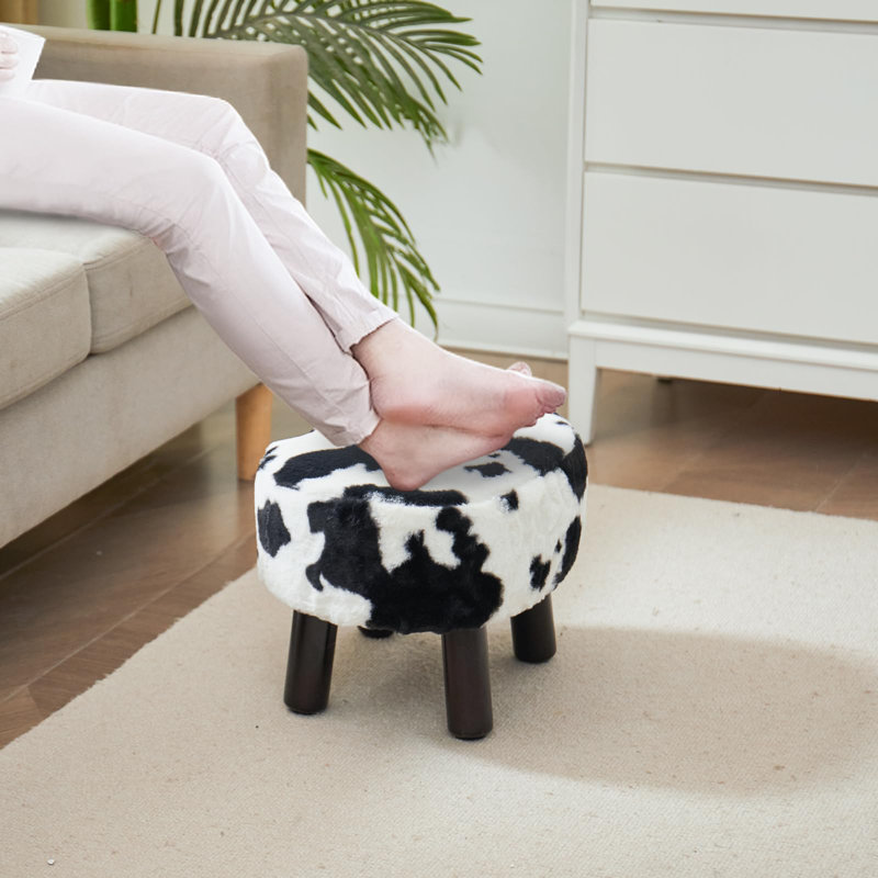 Small Footstool With Handle Faux Fur Ottoman Foot Rest With Padded Seat Curved Foot Stool With Wooden Legs Portable Foot Rest For Living Room